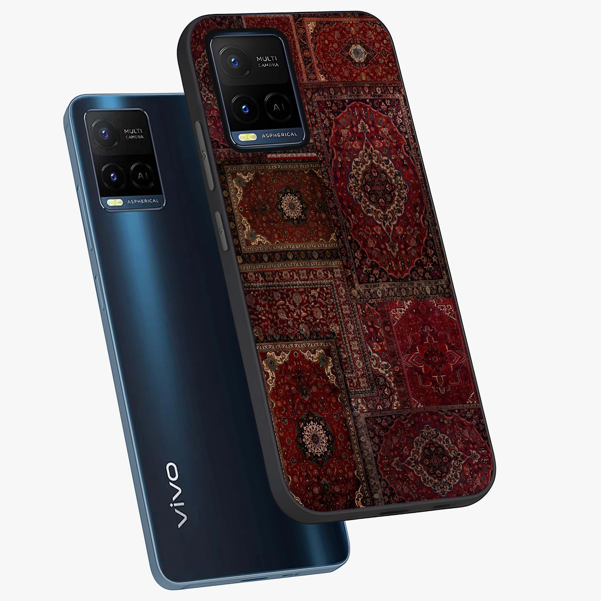 Persian Velvet Tale Glass Case displayed in angled mockup highlighting ornate textile inspired design with royal aesthetic.