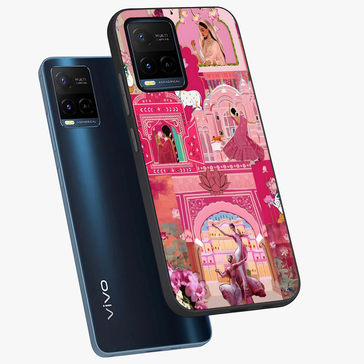 Pink Palace Muse Glass Case displayed in angled mockup highlighting dreamy palace illustration with soft pink aesthetic.