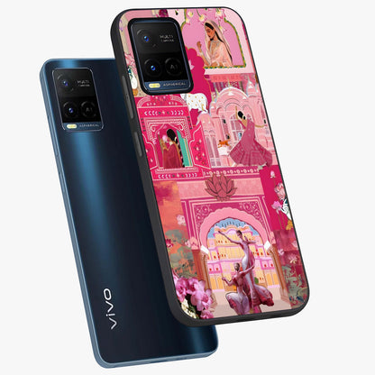Pink Palace Muse Glass Case displayed in angled mockup highlighting dreamy palace illustration with soft pink aesthetic.