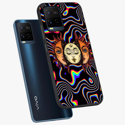 Psychedelic Sun Glass Case displayed in angled mockup highlighting vibrant abstract sun design with artistic aesthetic style.