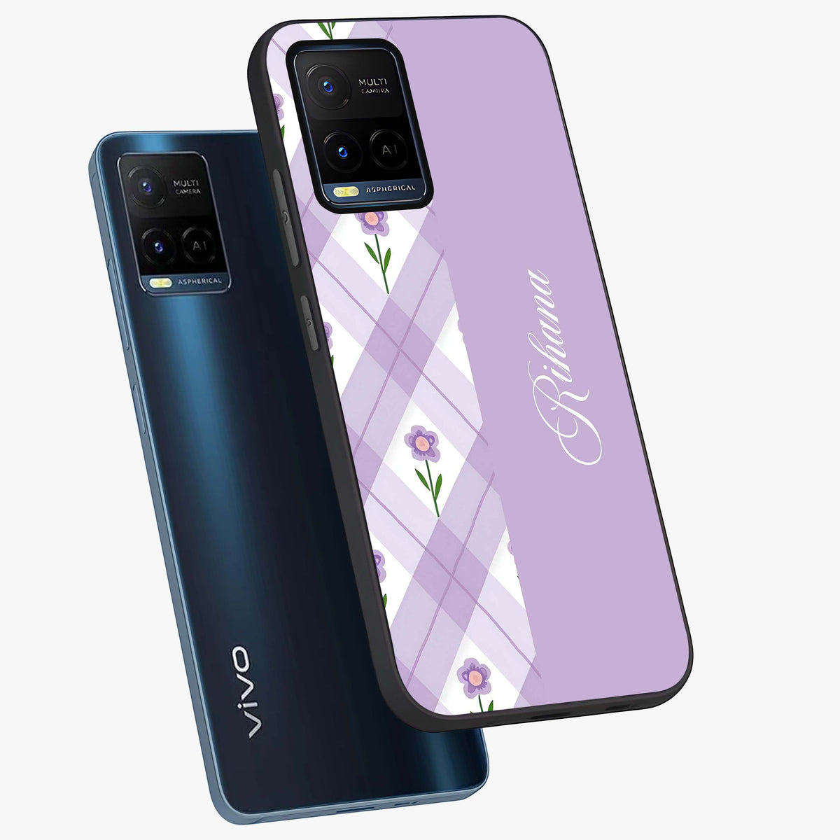 Purple Diamond Floral Glass Case displayed in angled mockup highlighting elegant purple flower design with decorative pattern.