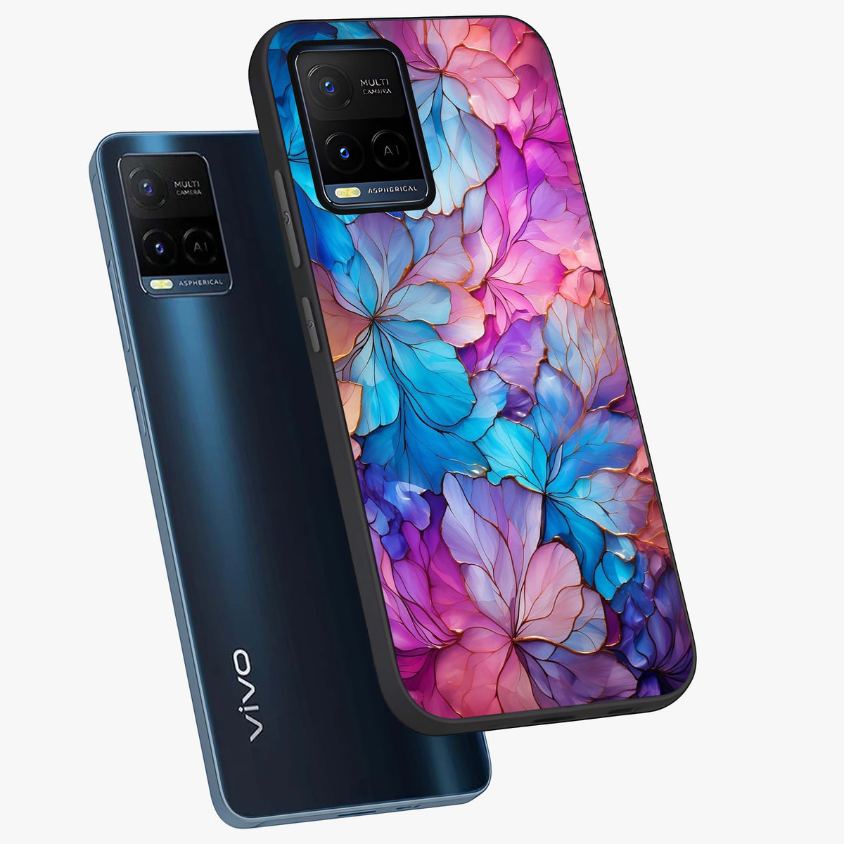 Radiant Floral Whirl Glass Case displayed in angled mockup highlighting vibrant flower pattern with dynamic artistic aesthetic.