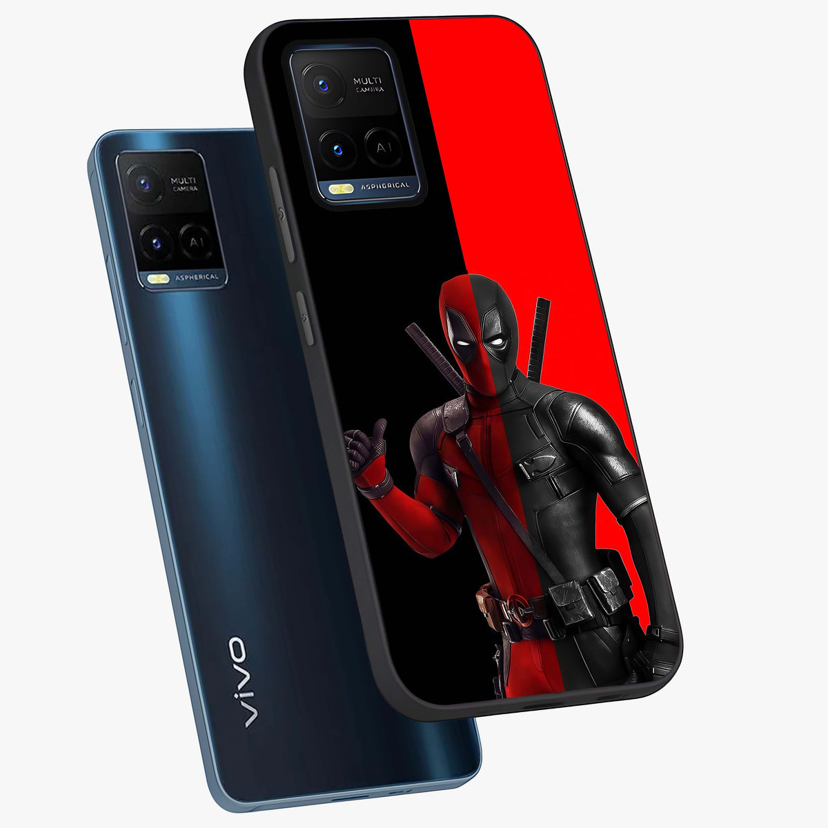 Red & Black Deadpool Theme Glass Case displayed in angled mockup highlighting vibrant superhero style illustration with action aesthetic.