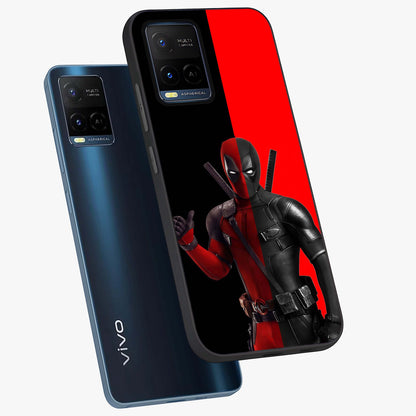 Red & Black Deadpool Theme Glass Case displayed in angled mockup highlighting vibrant superhero style illustration with action aesthetic.
