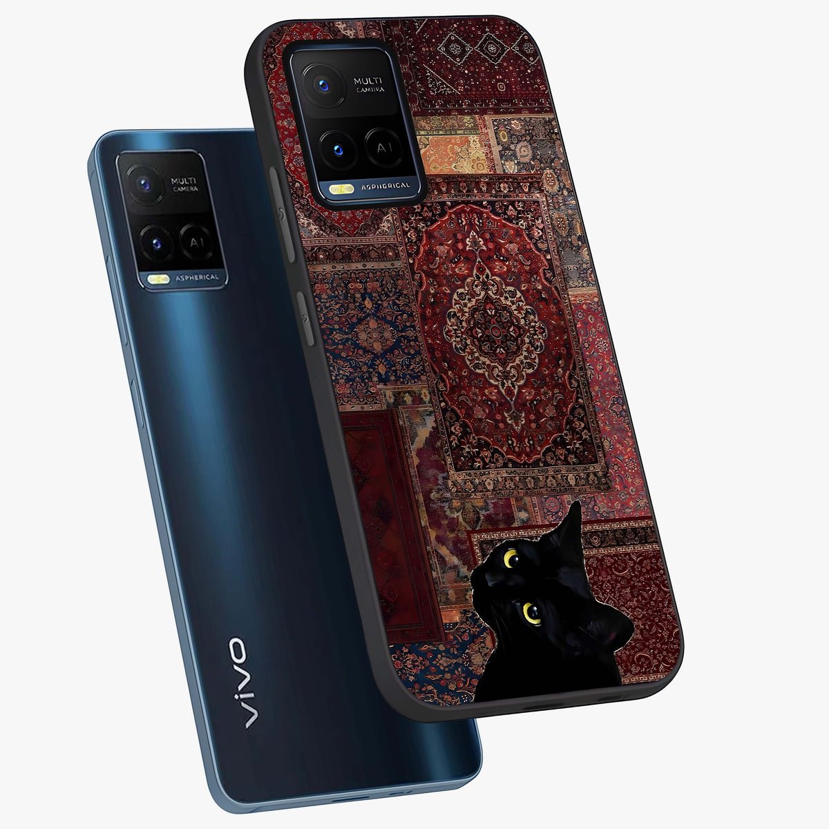 Regal Magic Cat Apple Glass Case displayed in angled mockup highlighting whimsical feline design with fantasy aesthetic.