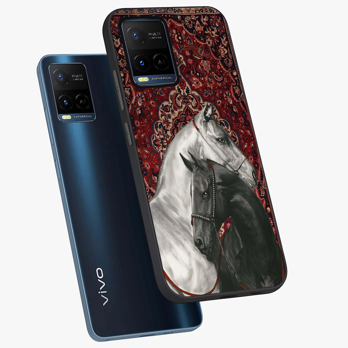 Regal Stallion Tapestry Glass Case displayed in angled mockup highlighting royal stallion design with decorative heritage aesthetic.