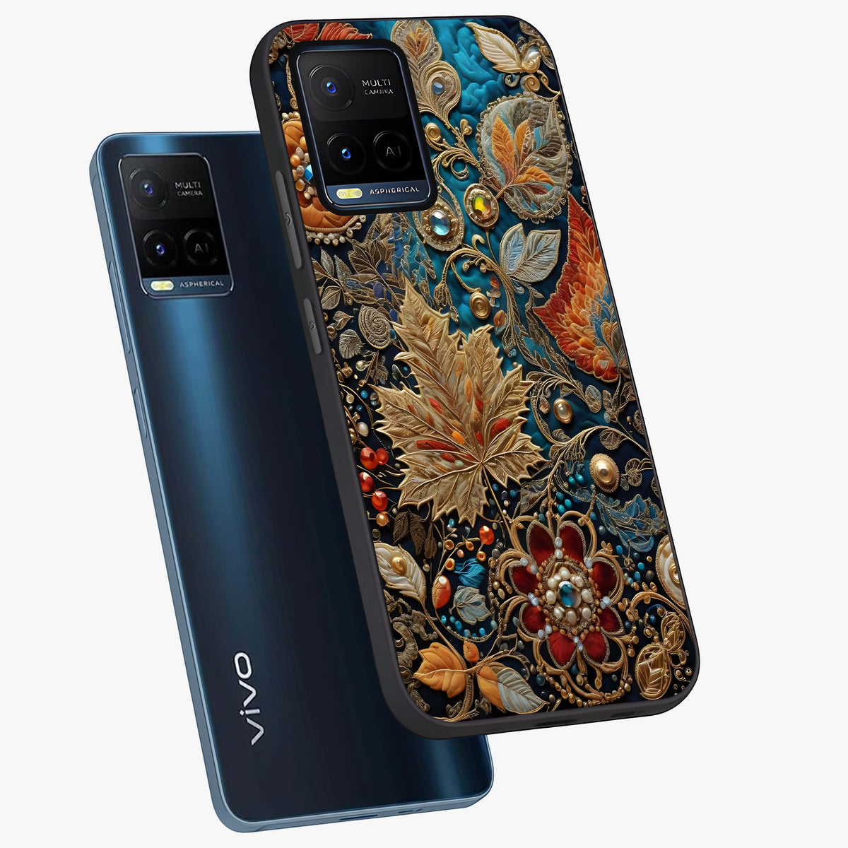 Royal Jewel Garden Glass Case displayed in angled mockup highlighting vibrant jewel inspired floral design with elegant aesthetic.
