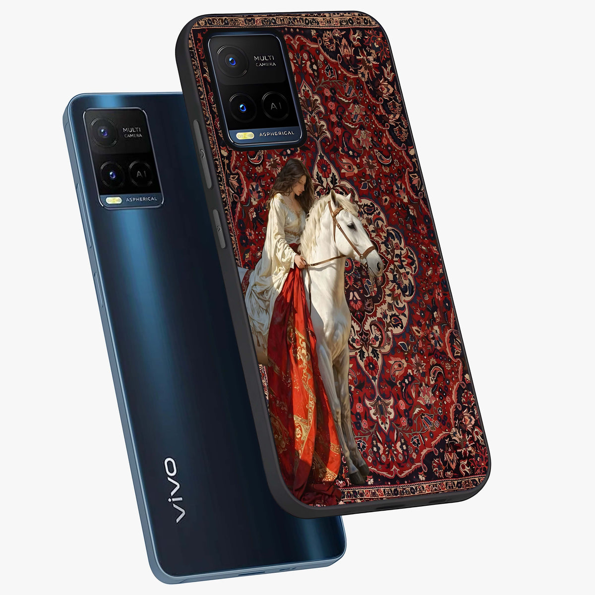 Royal Rider Tapestry Glass Case displayed in angled mockup highlighting traditional tapestry design with royal heritage aesthetic.