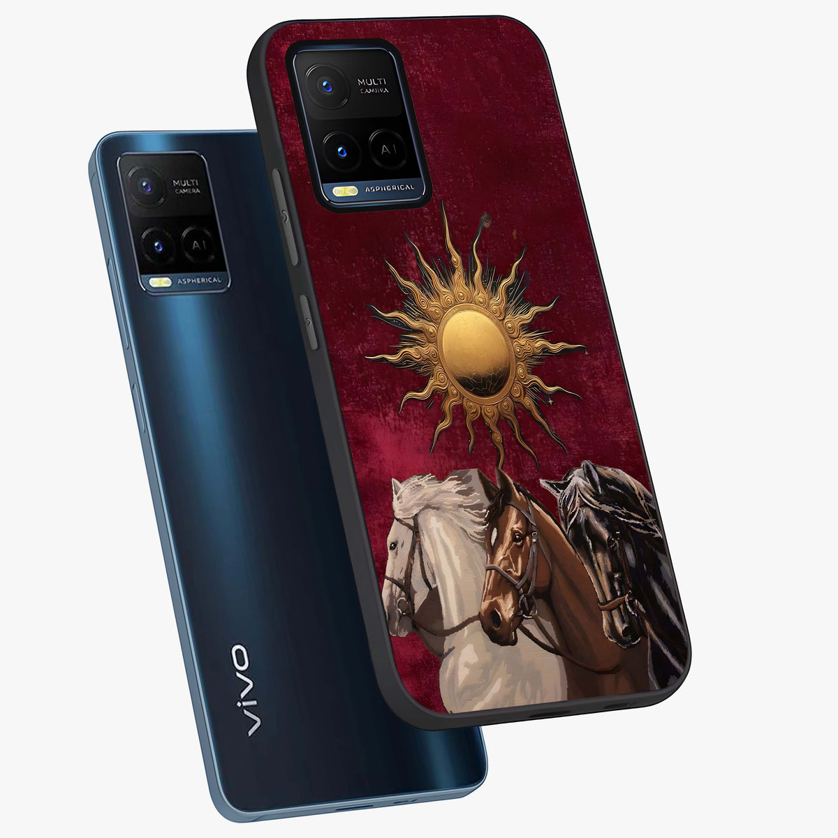 Solar Riders Glass Case displayed in angled mockup highlighting powerful rider illustration with radiant solar aesthetic.