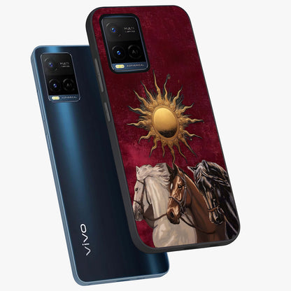 Solar Riders Glass Case displayed in angled mockup highlighting powerful rider illustration with radiant solar aesthetic.