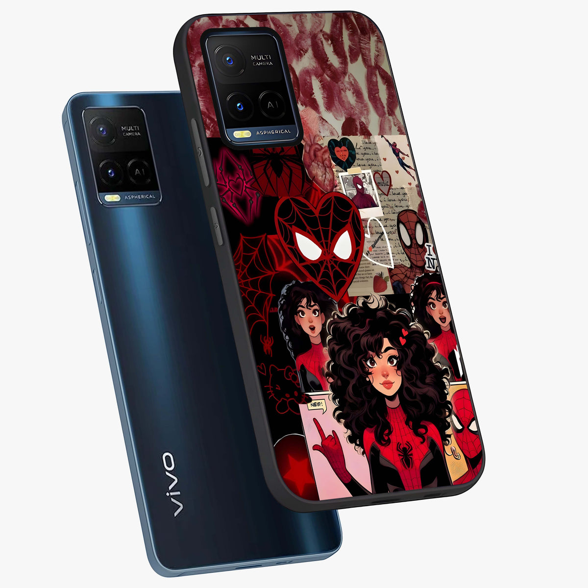 Spider Love Story Glass Case displayed in angled mockup highlighting expressive comic inspired design with playful aesthetic.