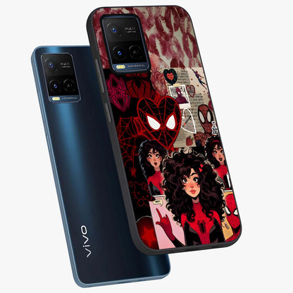 Spider Love Story Glass Case displayed in angled mockup highlighting expressive comic inspired design with playful aesthetic.