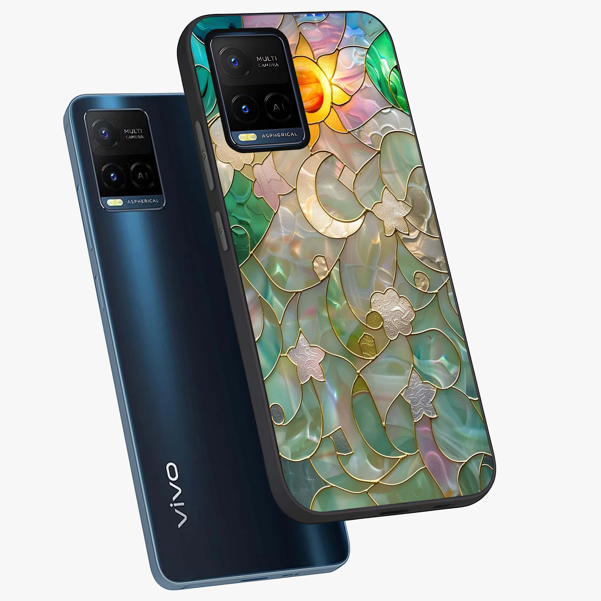 Stained Sunrise Glow Glass Case displayed in angled mockup highlighting radiant sunrise design with artistic aesthetic style.