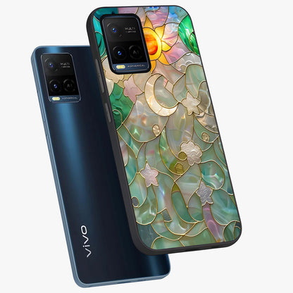 Stained Sunrise Glow Glass Case displayed in angled mockup highlighting radiant sunrise design with artistic aesthetic style.
