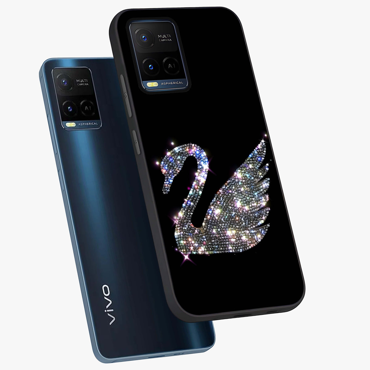 Starlit Swan Grace Glass Case displayed in angled mockup highlighting elegant swan illustration with dreamy celestial aesthetic.