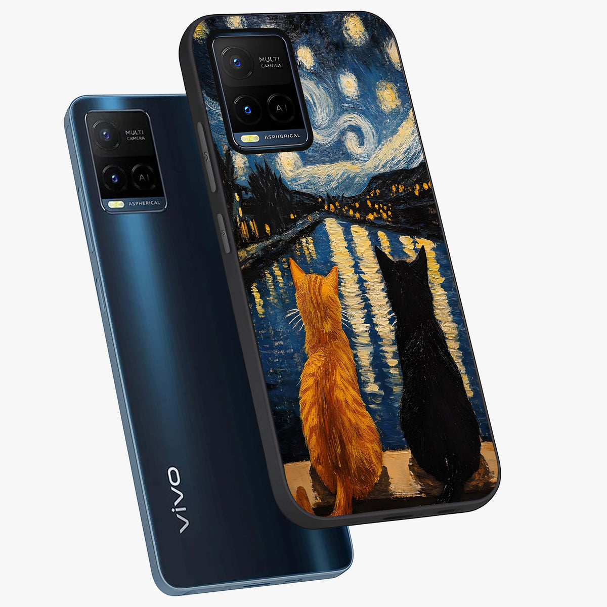 Starry River Cats Glass Case displayed in angled mockup highlighting charming feline illustration with dreamy night aesthetic.