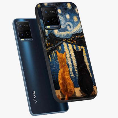 Starry River Cats Glass Case displayed in angled mockup highlighting charming feline illustration with dreamy night aesthetic.