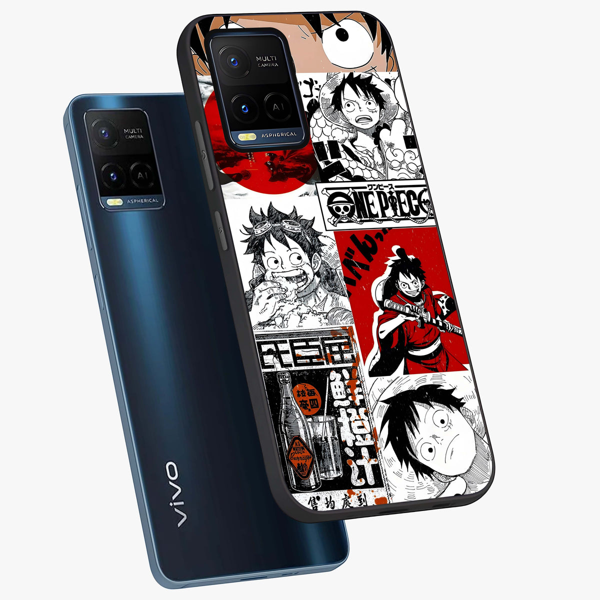 Strawhat Chaos Panels Glass Case displayed in angled mockup highlighting vibrant anime collage design with action aesthetic.