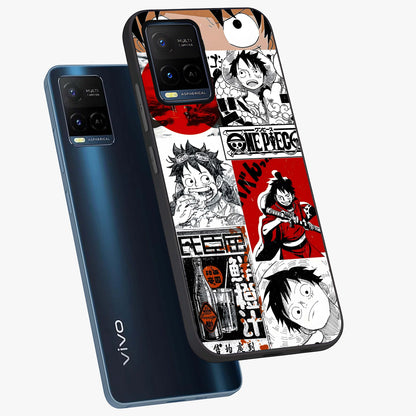 Strawhat Chaos Panels Glass Case displayed in angled mockup highlighting vibrant anime collage design with action aesthetic.