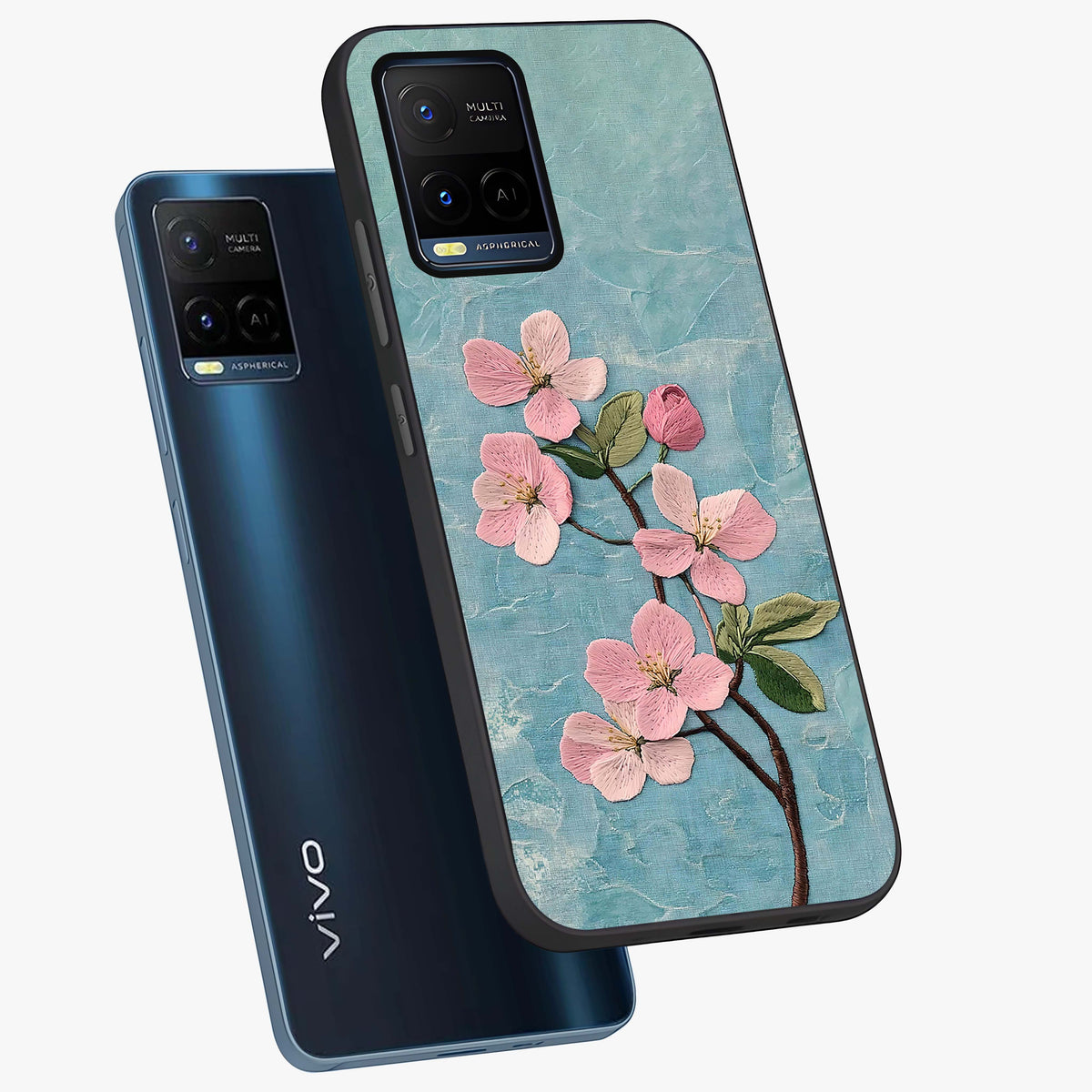 Threaded Blossom Breeze Glass Case displayed in angled mockup highlighting elegant floral design with soft aesthetic style.