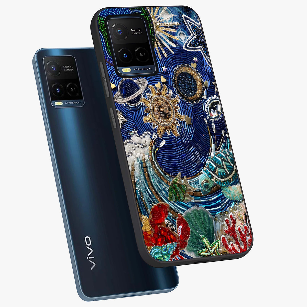 Universe Underwater Spark Glass Case displayed in angled mockup highlighting glowing aquatic design with celestial aesthetic.