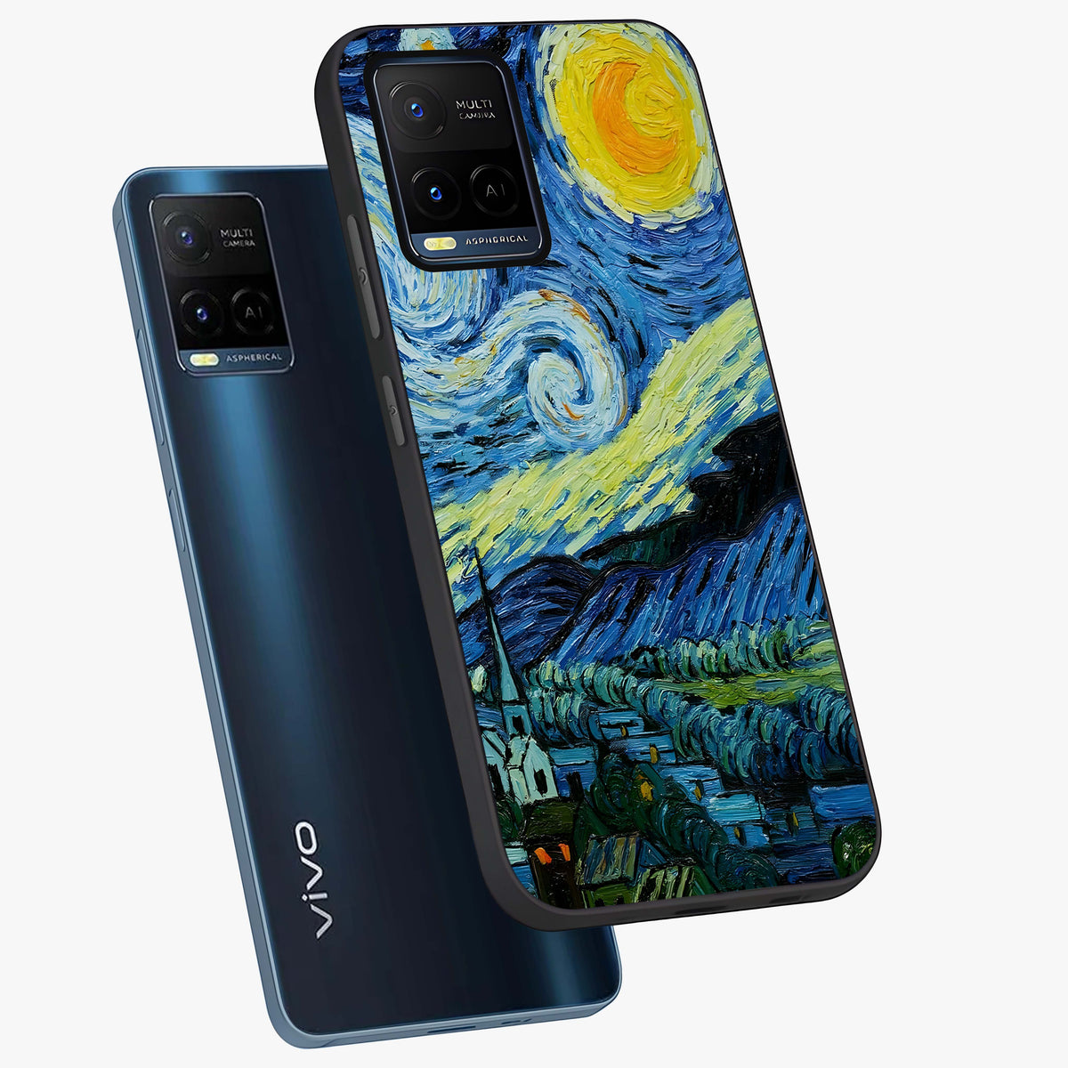 Van Gogh Art Glass Case displayed in angled mockup highlighting swirling brushstroke design with artistic aesthetic.
