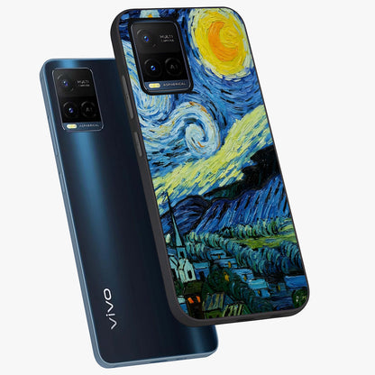 Van Gogh Art Glass Case displayed in angled mockup highlighting swirling brushstroke design with artistic aesthetic.