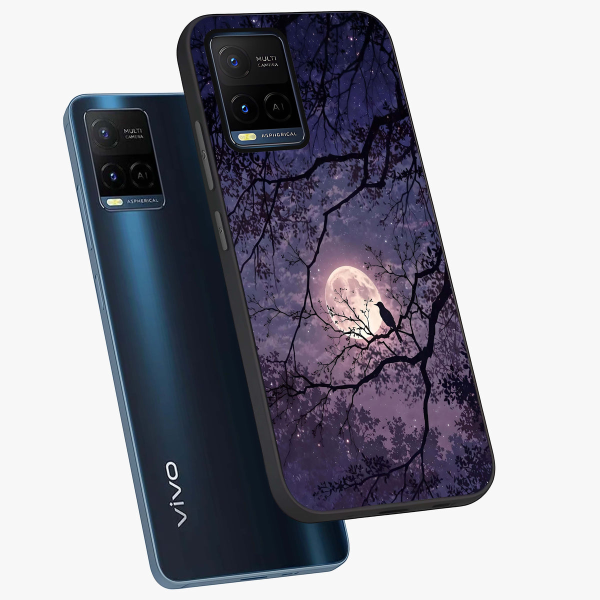Whispering Moon Silence Glass Case displayed in angled mockup highlighting calm lunar design with dreamy night aesthetic.