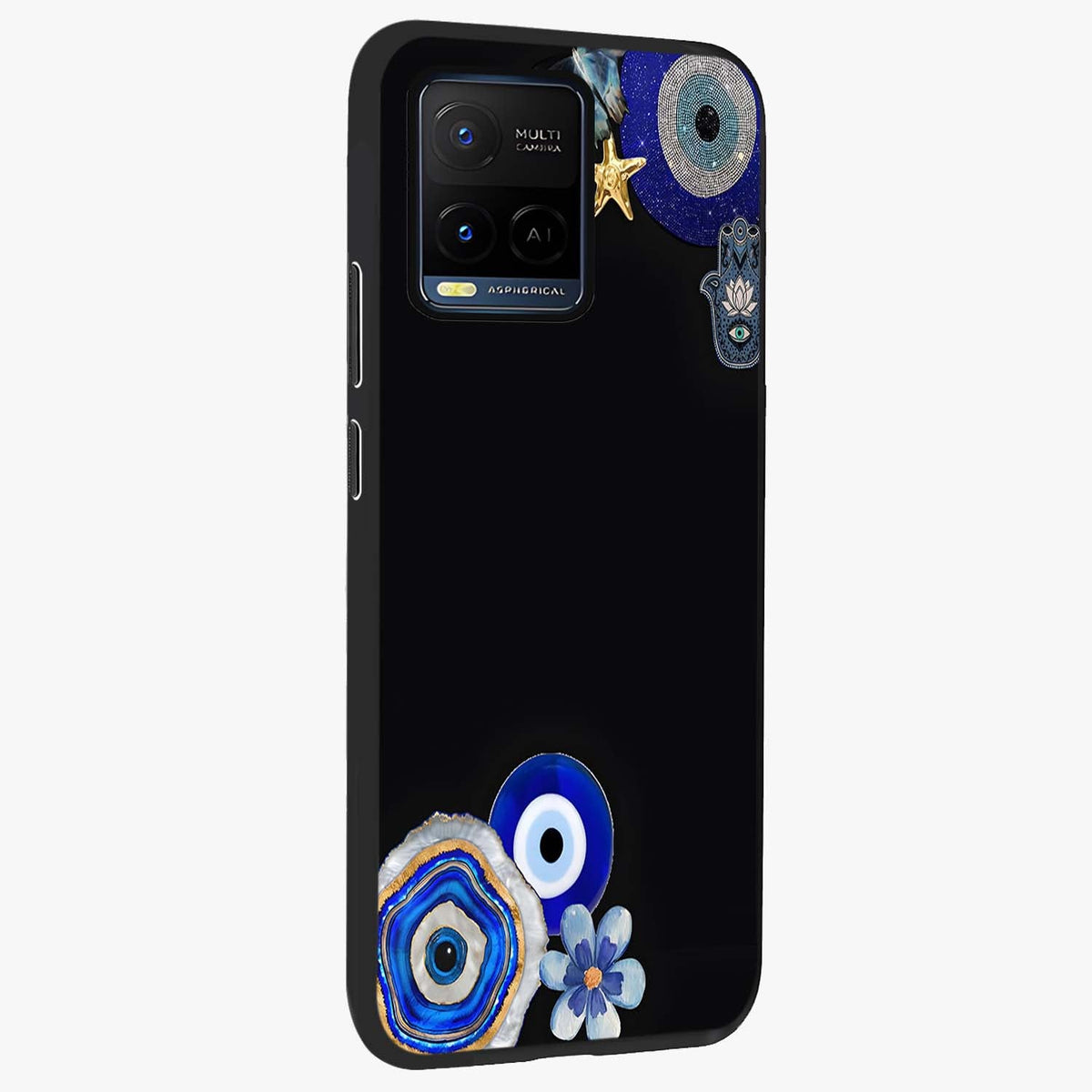 Aesthetic Blue Evil Eye Glass Case upright view showcasing mystical evil eye graphic with minimal aesthetic style.