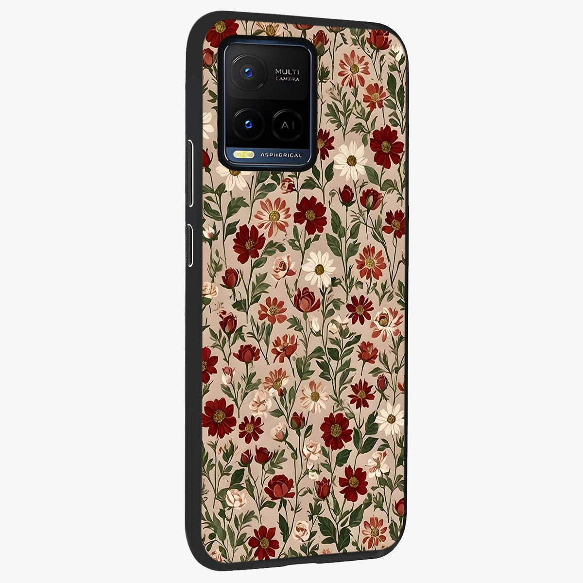 Biege Flower With Leaf Glass Case upright view showcasing delicate beige flower illustration with clean botanical style.