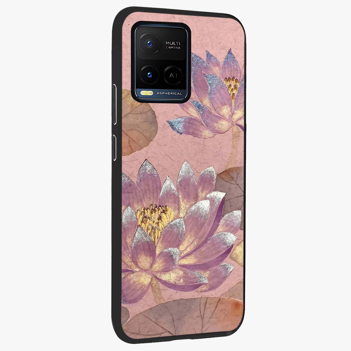 Blossom Mist Lotus Glass Case upright view showcasing graceful lotus flower design with peaceful botanical style.