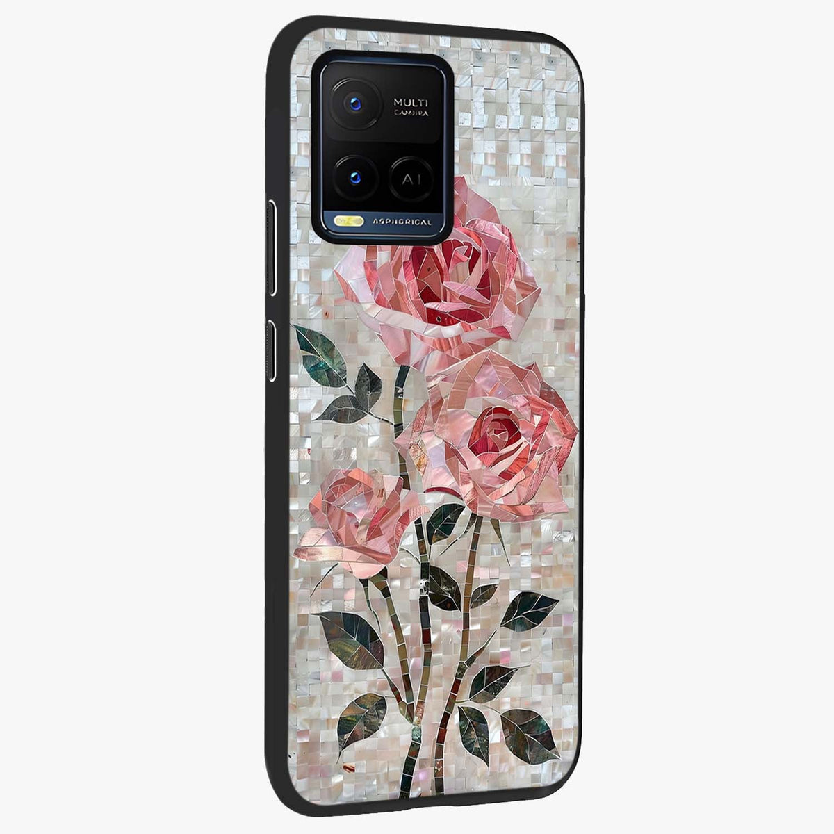 Blush Mosaic Bloom Glass Case upright view showcasing decorative floral mosaic artwork with stylish modern aesthetic.