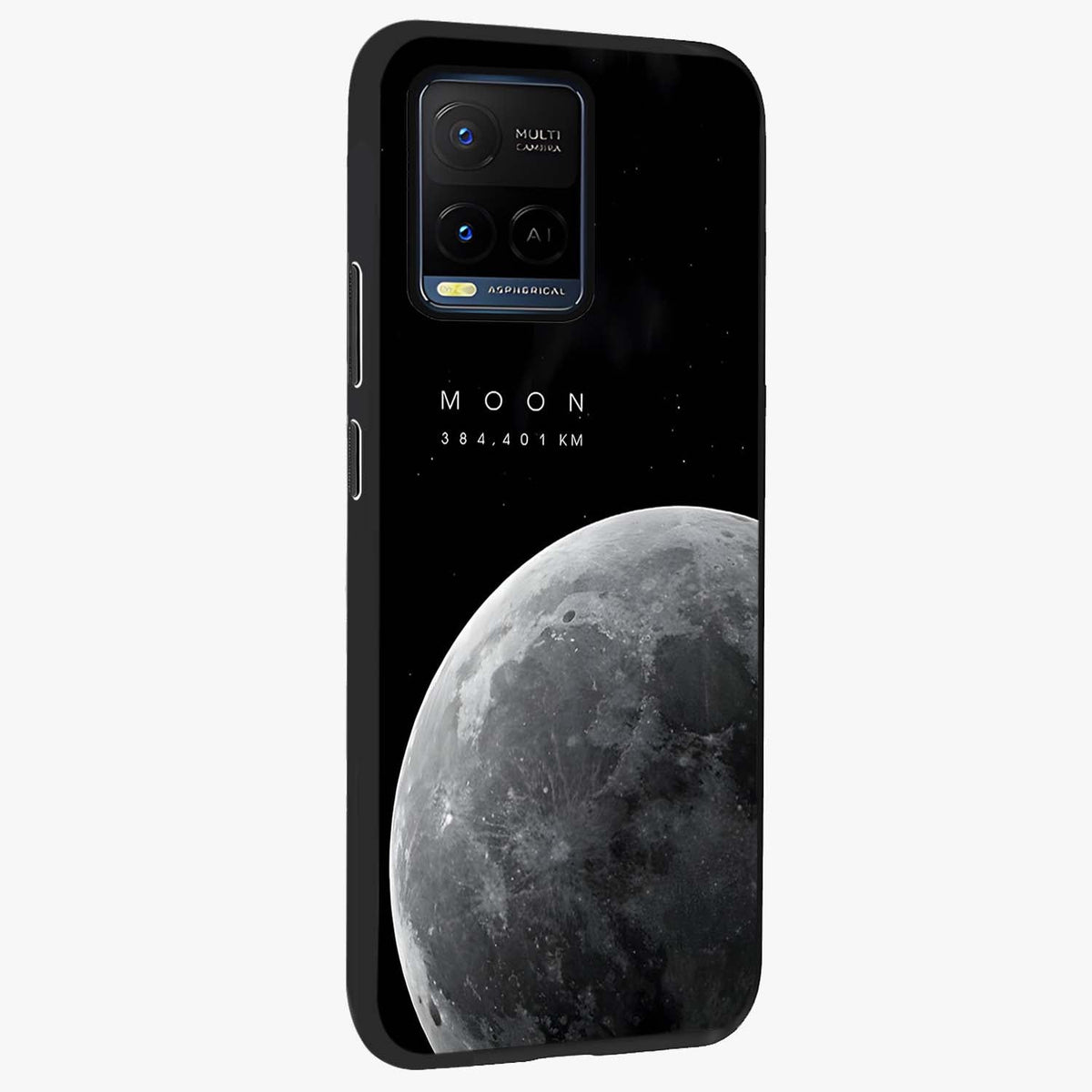 Cosmic Moon Glow Glass Case upright view showcasing luminous moon illustration with dreamy cosmic style.