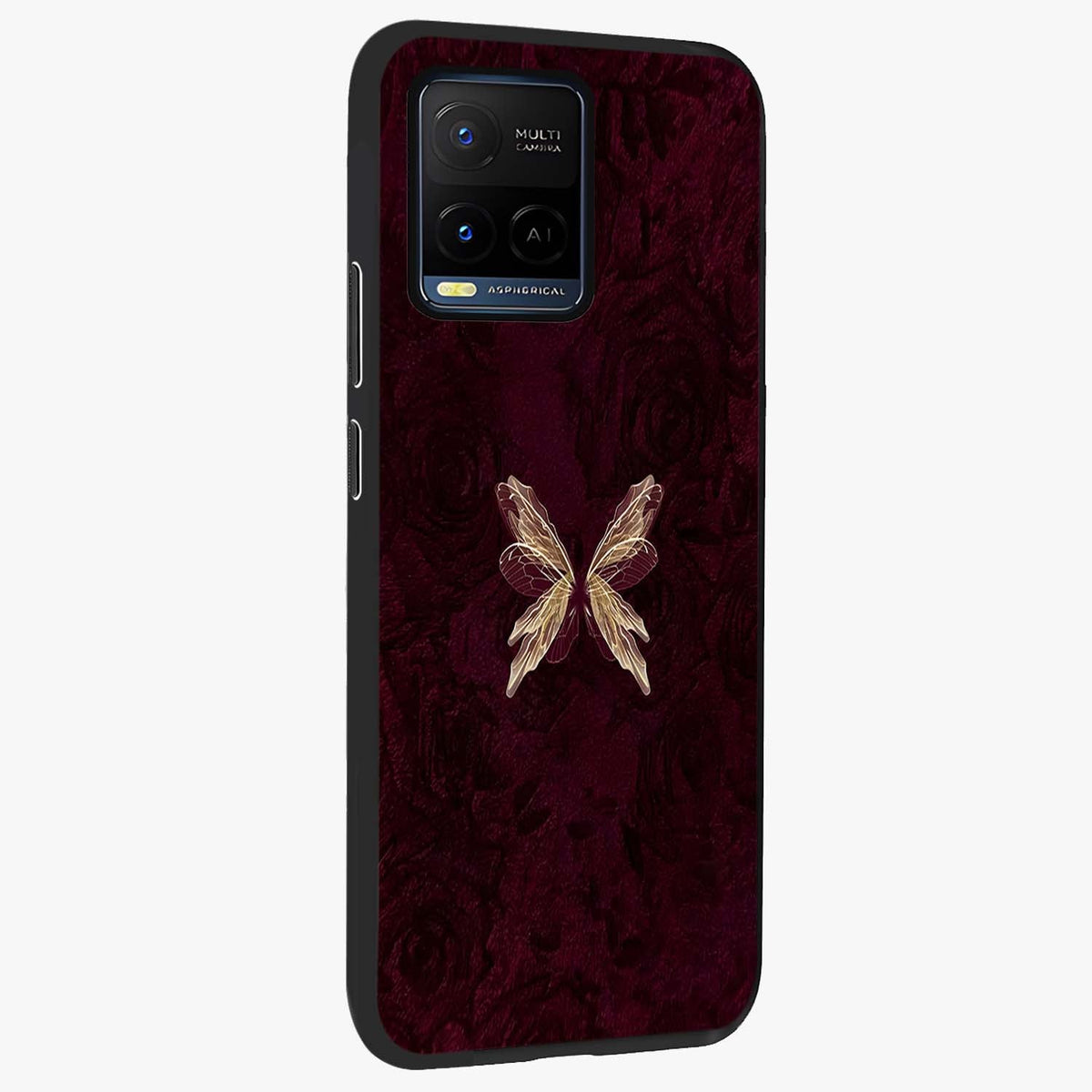 Crimson Fade Butterfly Glass Case upright view showcasing graceful butterfly artwork with soft crimson fade effect.
