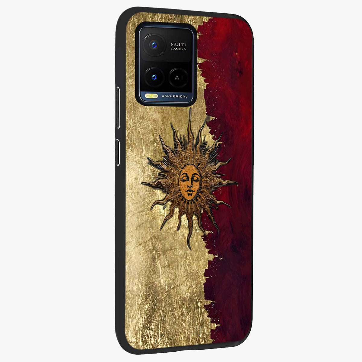 Crimson Sun Majesty Glass Case upright view showcasing vibrant sun artwork with powerful celestial theme.