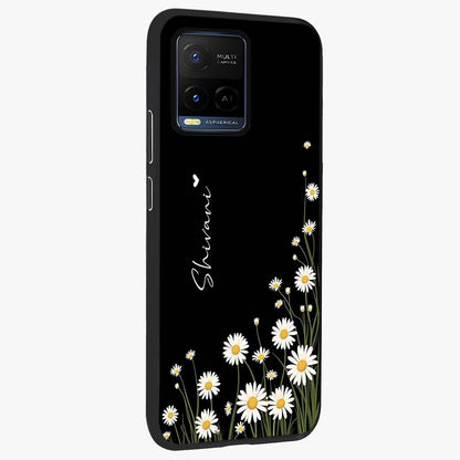 Daisy Cascade Custom Name Glass Case upright view showcasing elegant floral cascade design with personalized aesthetic.