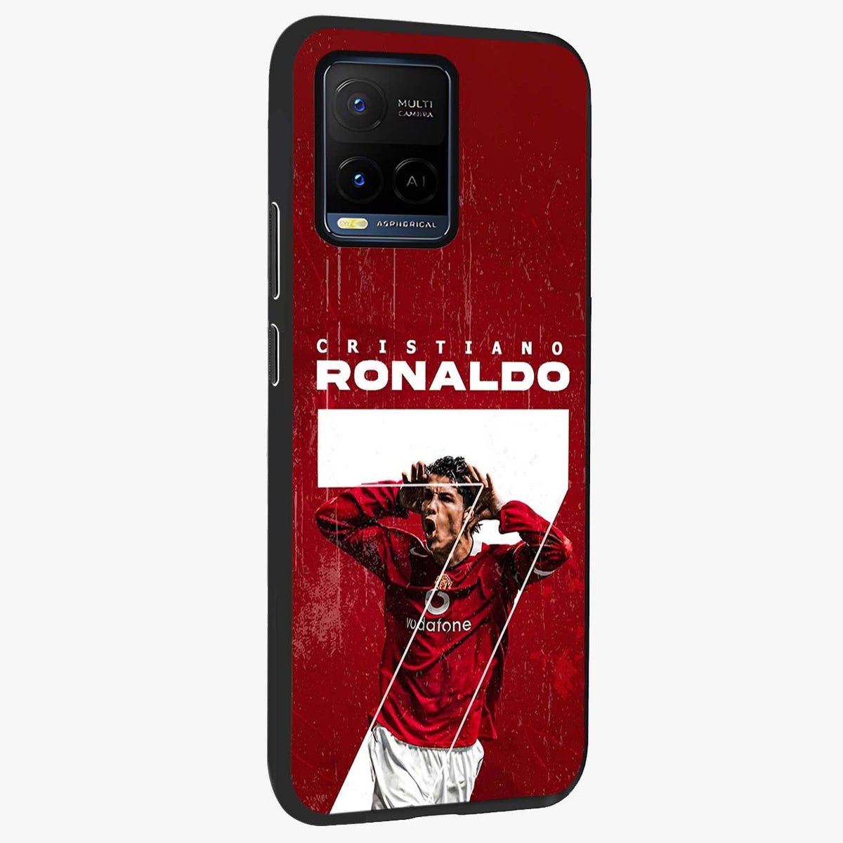Goal Celebration Legacy Glass Case upright view showcasing dynamic football inspired artwork with victory celebration aesthetic.