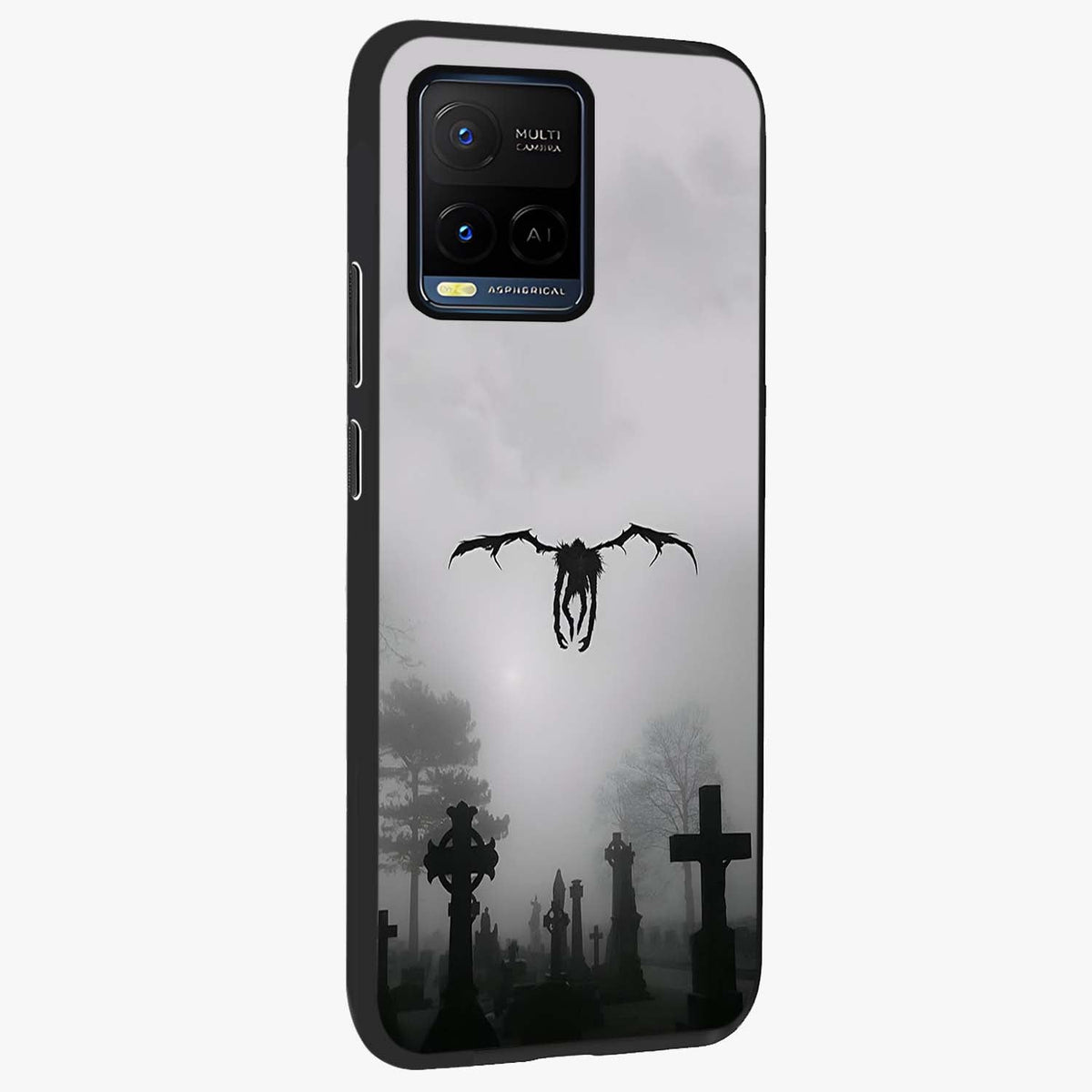 Graveyard Shadow Descent Glass Case upright view showcasing haunting graveyard artwork with dramatic dark theme.