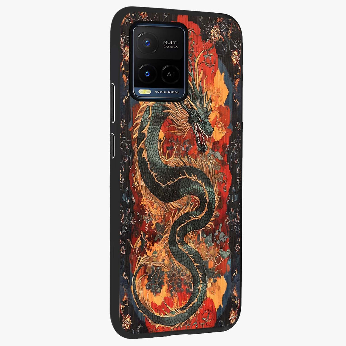 Inferno Dragon Soul Glass Case upright view showcasing intense dragon artwork with fantasy fire theme.