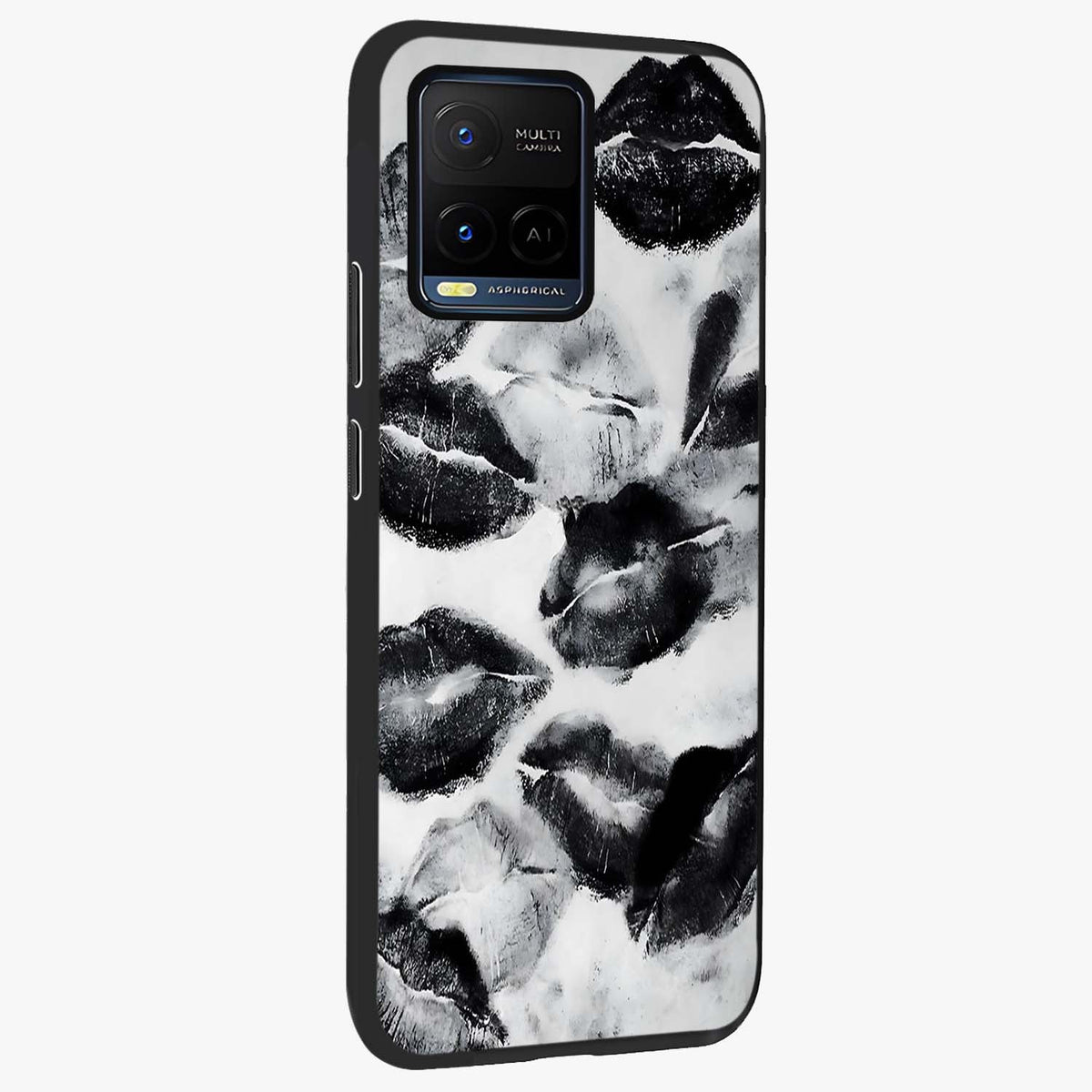 Midnight Kiss Marks Glass Case upright view showcasing stylish kiss mark artwork with trendy romantic theme.