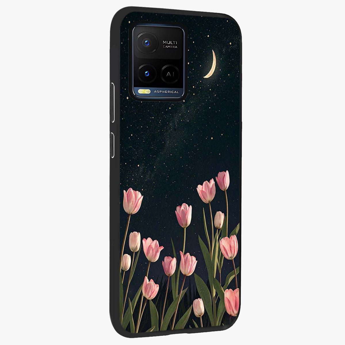 Midnight Tulip Whispers Vibe Glass Case upright view showcasing graceful tulip artwork with calm botanical theme.