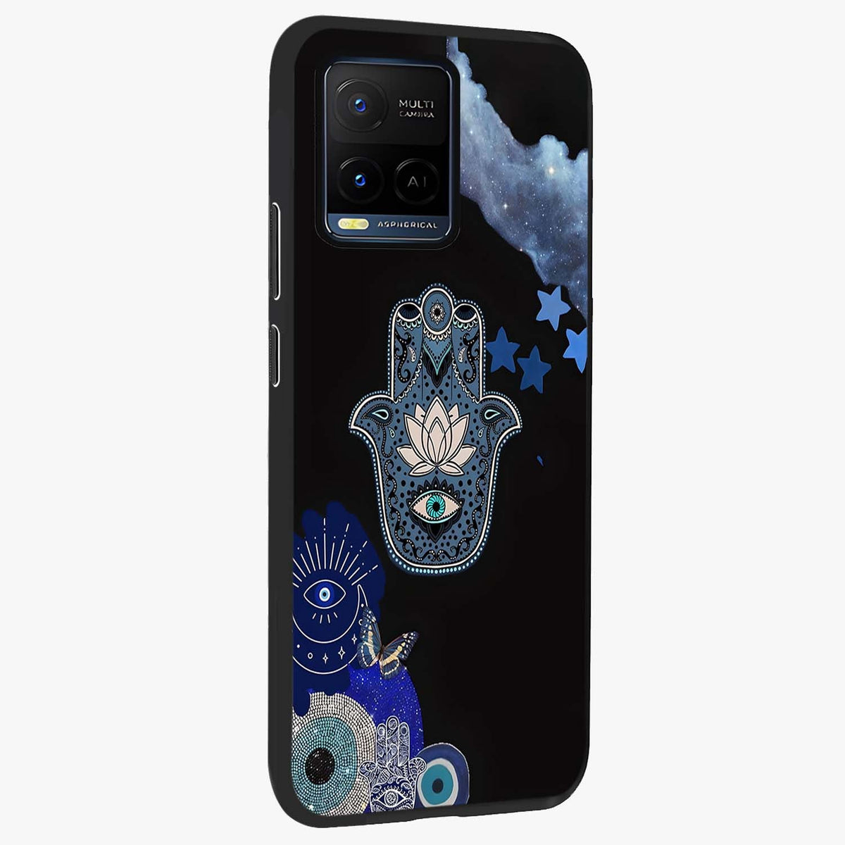 Mystic Hand Aura Glass Case upright view showcasing symbolic hand artwork with mystical energy theme.