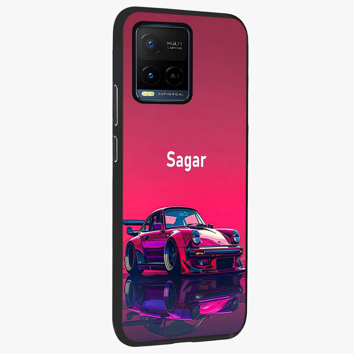 Neon Pink Porsche Glass Case upright view showcasing vibrant sports car artwork with bold automotive theme.