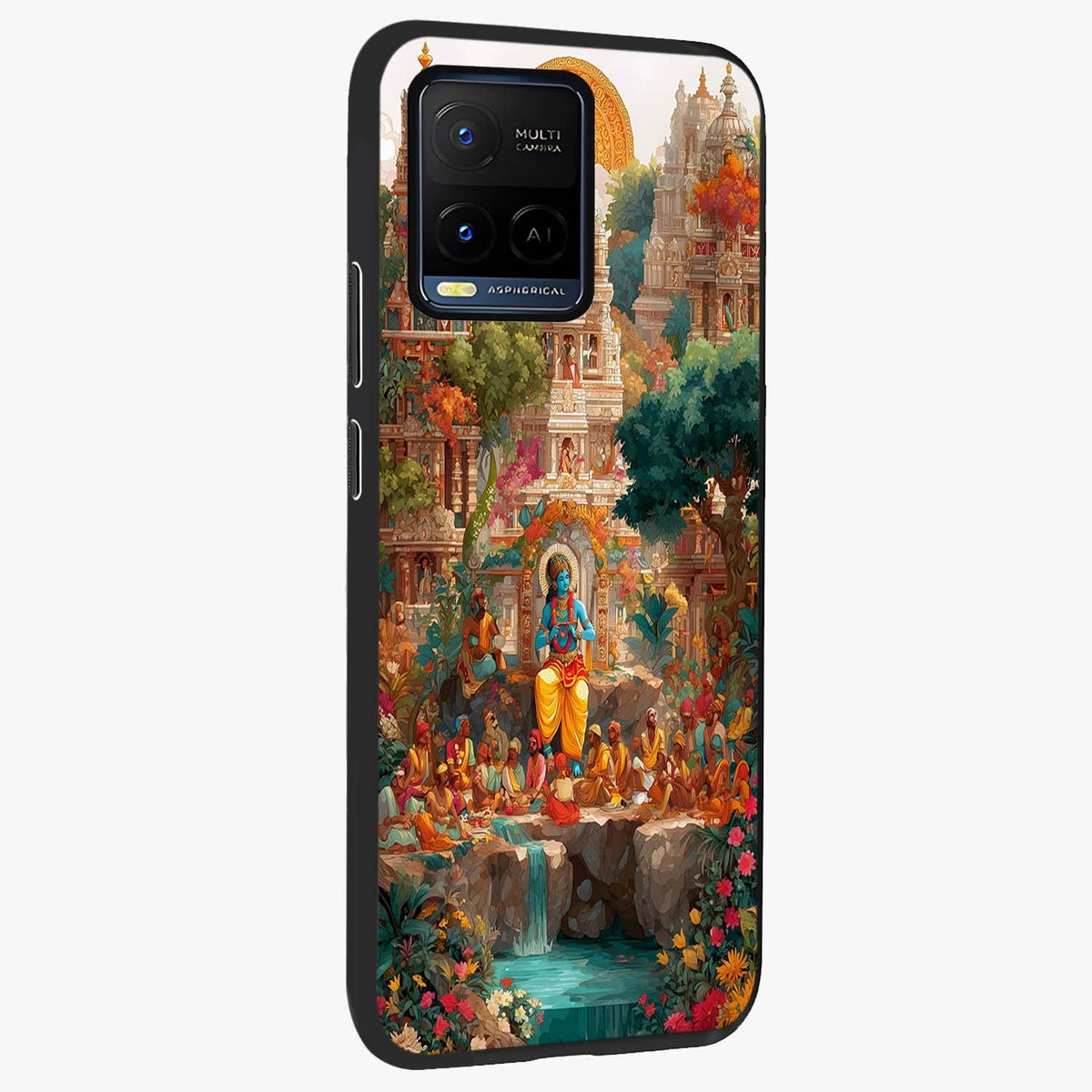 Sacred Sunlight Gods Glass Case upright view showcasing glowing divine artwork with sacred mythological theme.