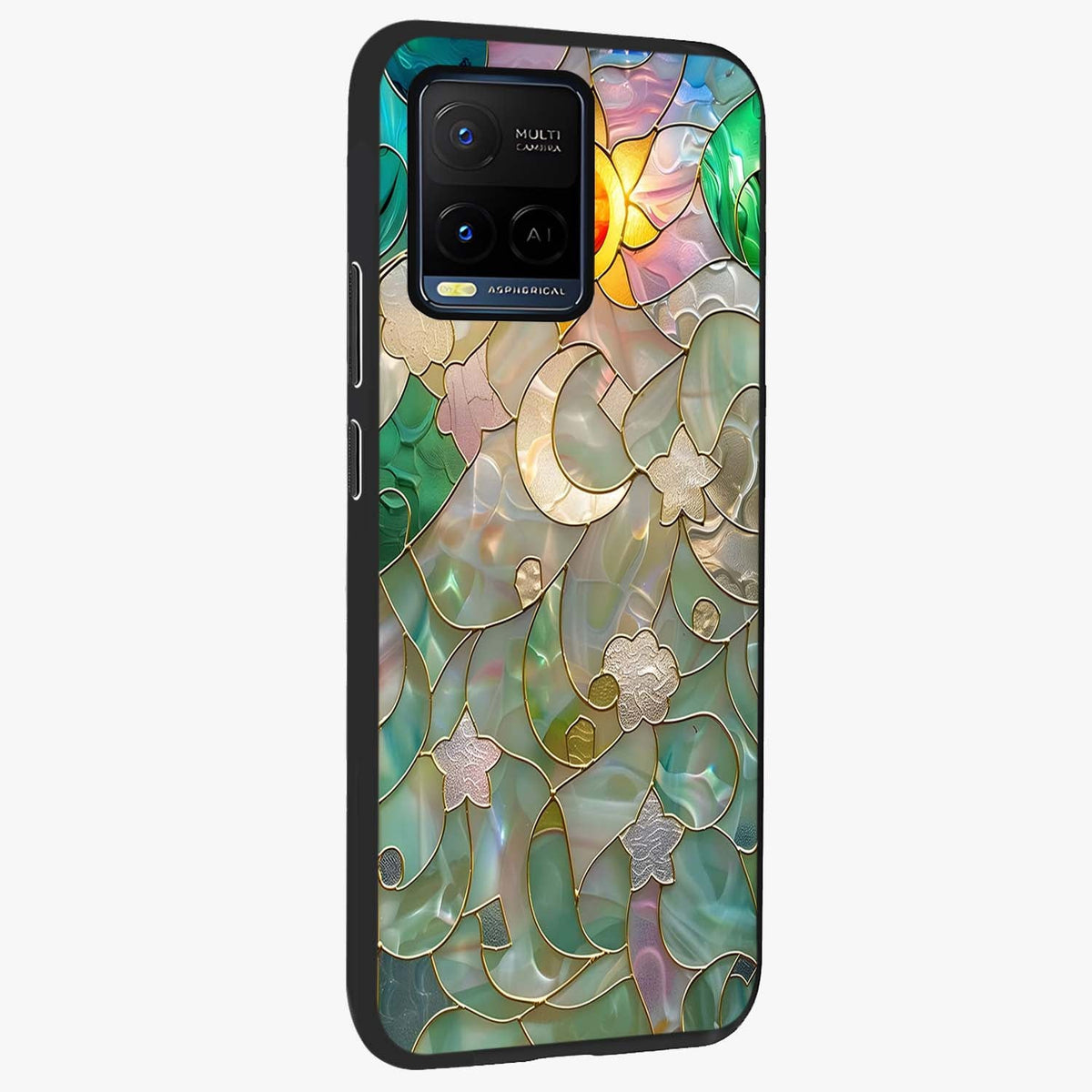Stained Sunrise Glow Glass Case upright view showcasing colorful sunrise artwork with warm morning theme.