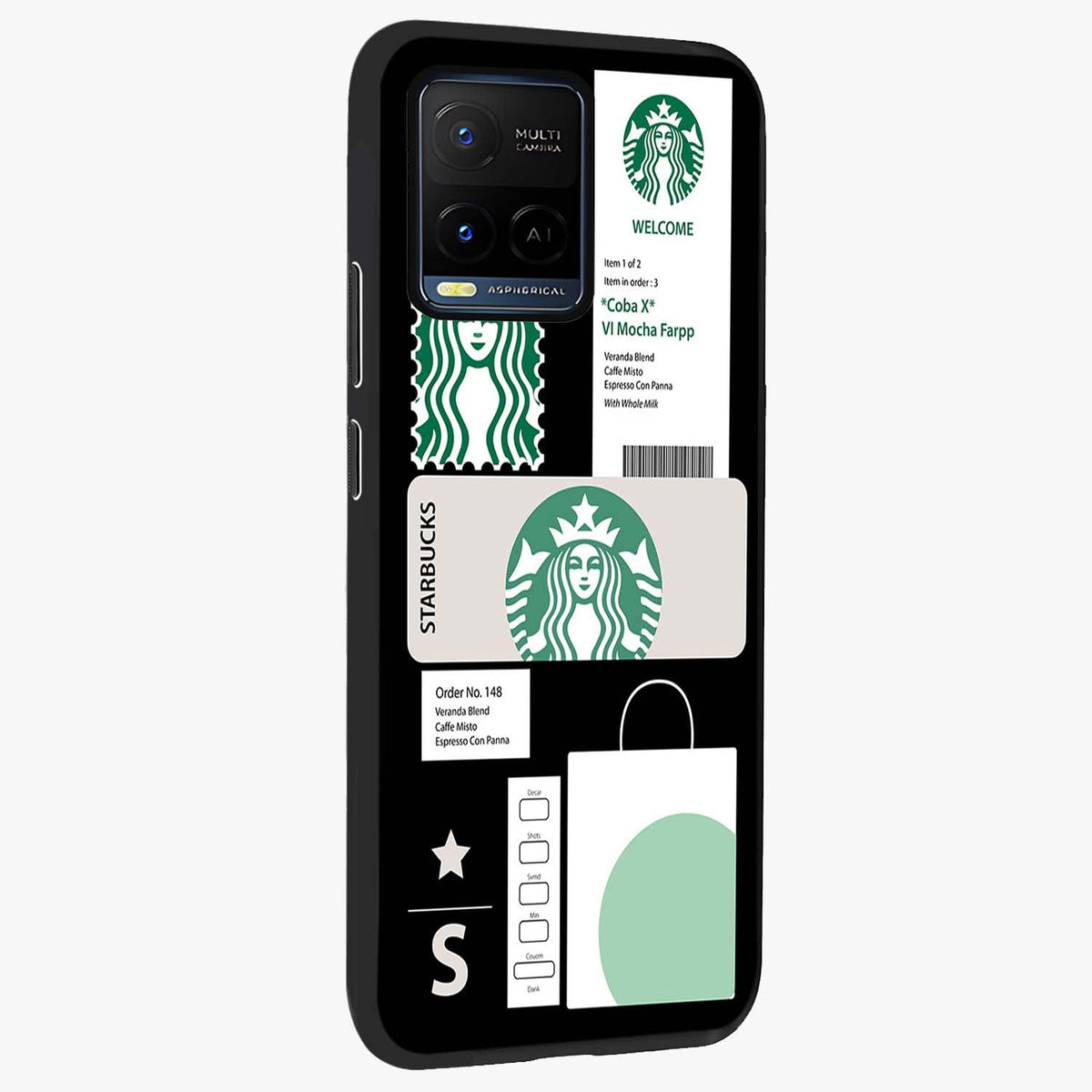 Starbucks Mocha Glass Case upright view showcasing trendy coffee inspired artwork with modern lifestyle theme.