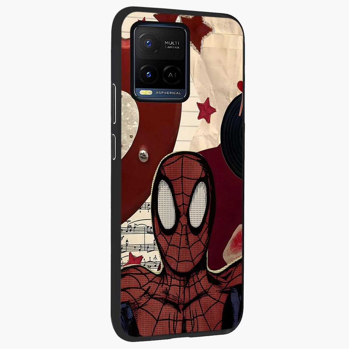 Web Warrior Vibes Glass Case upright view showcasing energetic superhero artwork with bold action theme.