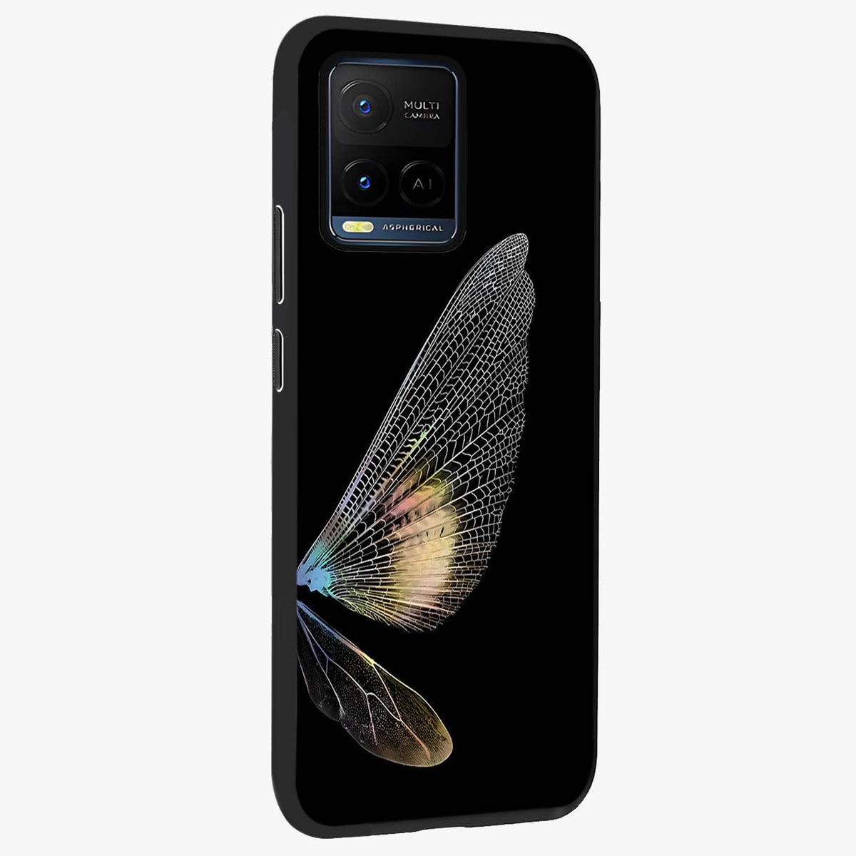 Whispers Of Wings Glass Case upright view showcasing elegant wing artwork with light airy theme.