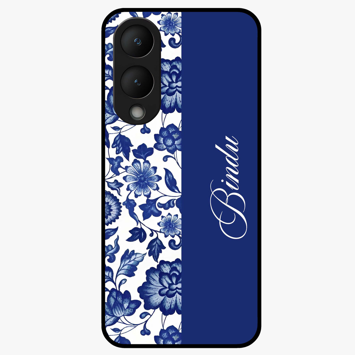 Blue Vintage Floral Pattern Glass Case upright view showcasing timeless floral illustration with vintage inspired style.