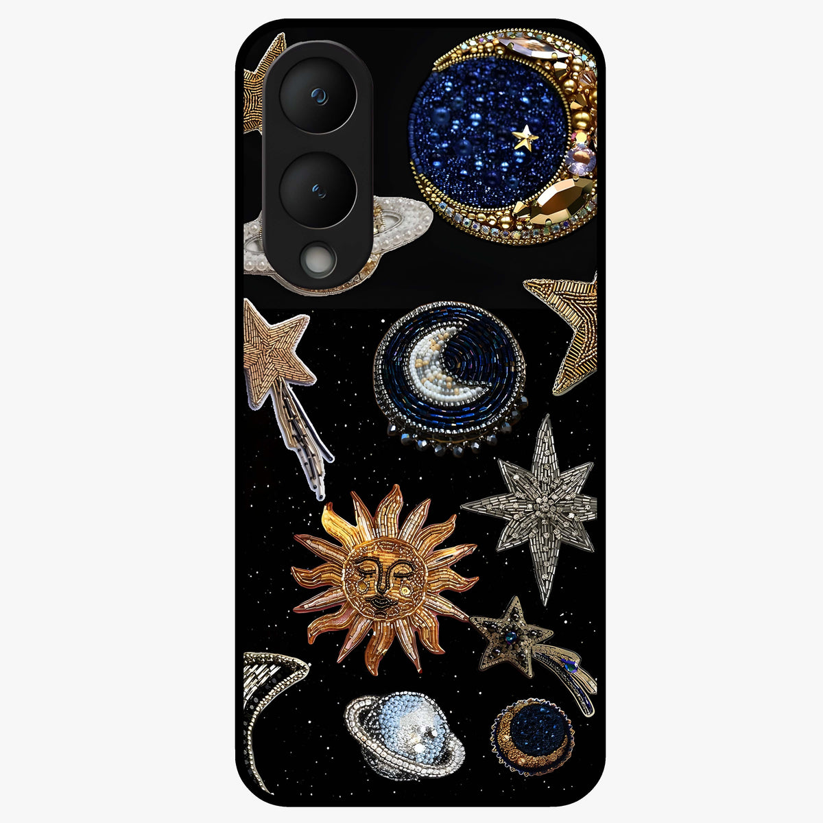 Celestial Gem Constellations Glass Case showing flat back view with sparkling constellation artwork and glossy glass finish.